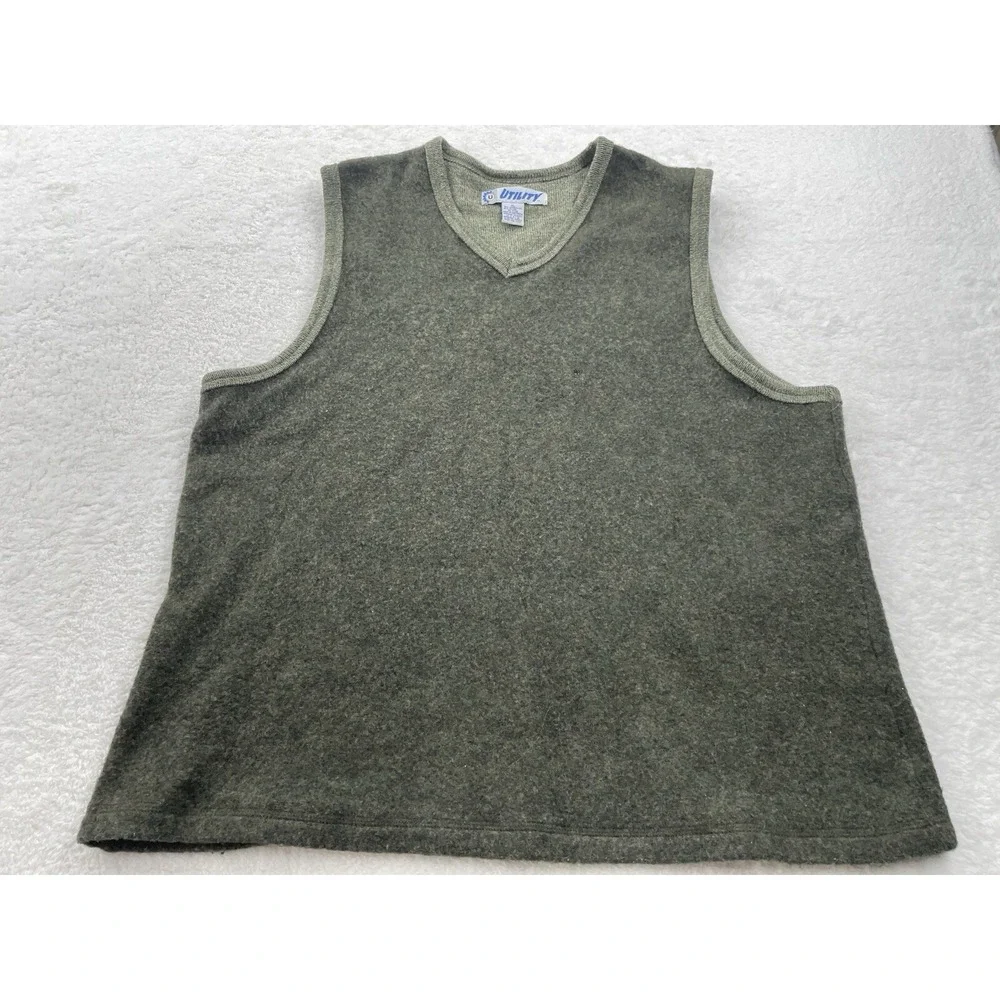 Utility Mens XL Lambswool V-Neck Sweater Vest Heather Olive Green RN 17730